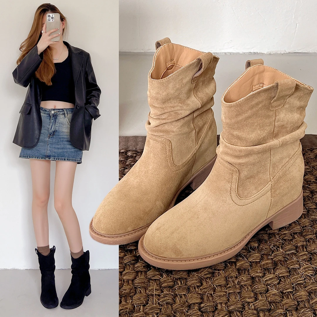 内增高2025新款秋季堆堆靴女西部牛仔靴中筒靴子英伦风马丁靴短靴