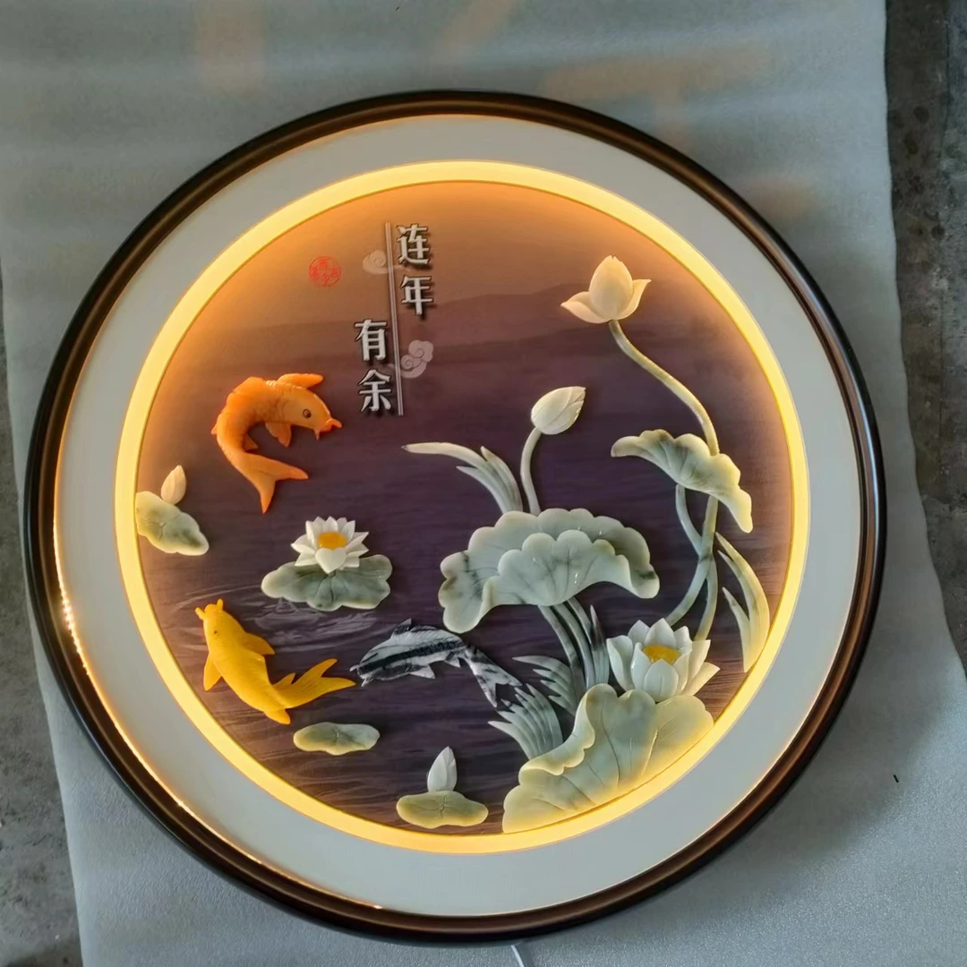 85公分新中式圆形玉雕画带玻璃适合客厅餐厅玄关装饰