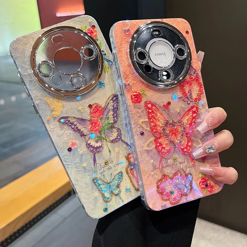 适用华为mate70系列新款手机壳梦幻爱心玫瑰蝴蝶全包闪粉镜头膜