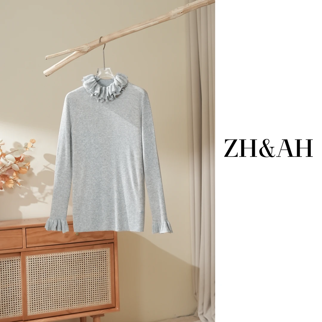ZH&AH【法式浪漫】冬季新款时尚气质百搭羊毛混纺双层花边领打底衫