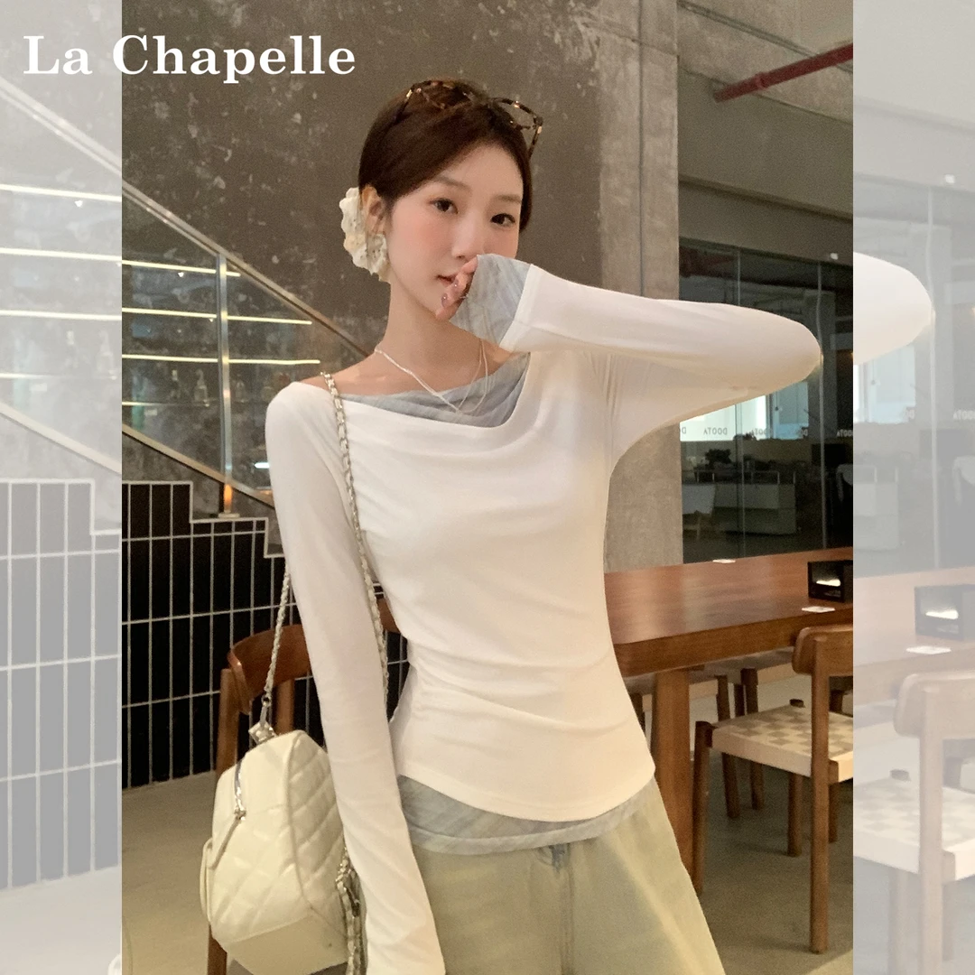 拉夏贝尔韩系斜领露肩上衣女2025早秋新款设计感修身气质长袖T恤