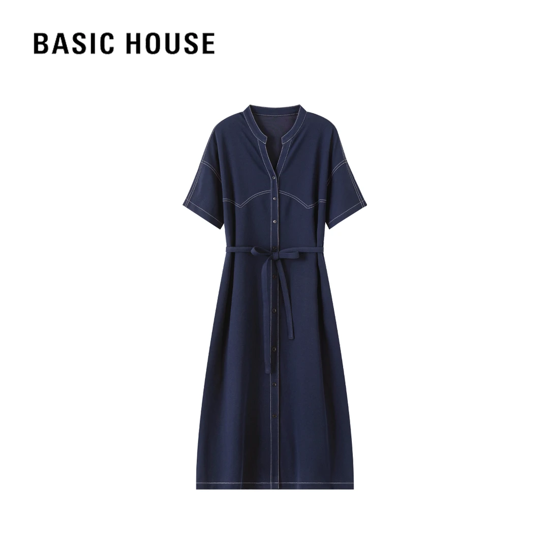 Basic House/百家好夏季休闲时尚宽松气质显瘦简约长连衣裙女购