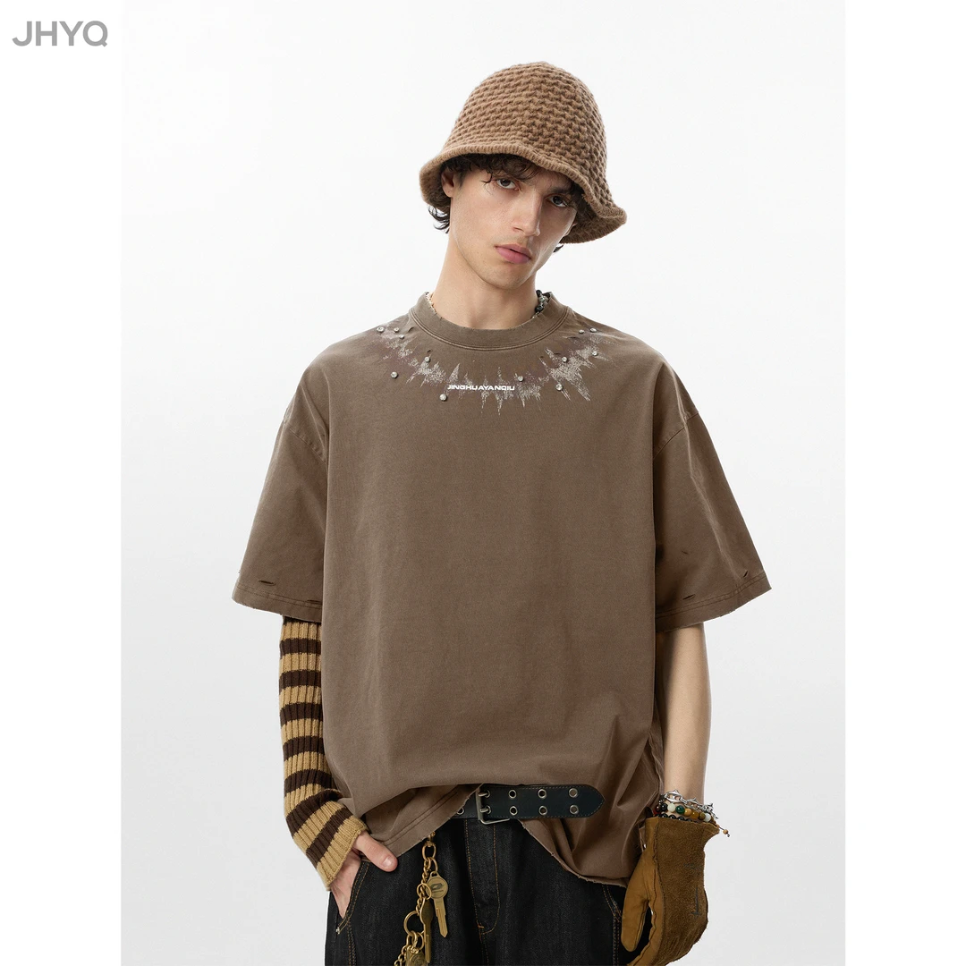 【JHYQ】荆棘丛生 刺绣T恤短袖休闲潮流文艺印花美式铆钉上衣037