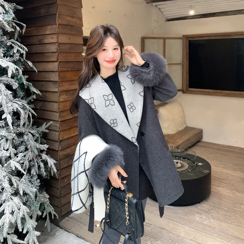 韩剧女主穿搭毛呢羽绒服2025冬季新款90白鸭绒内胆狐狸毛呢子大衣