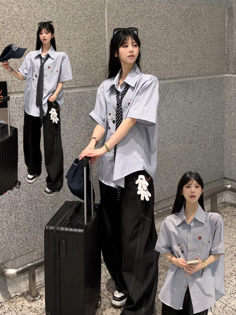 【运费险】夏季新款纽扣设计感小众条纹衬衫个性不撞衫