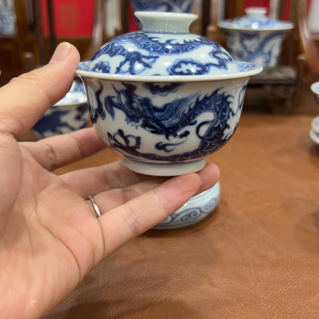 w***l手绘青花双龙盖碗柴烧瑕疵介意勿拍