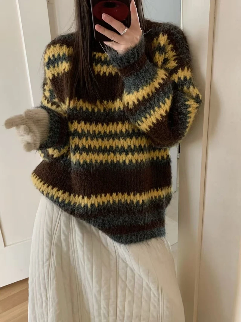 小虎【10-199】2025秋冬新款针织衫毛衣宽松连帽套头针织开衫厚外套