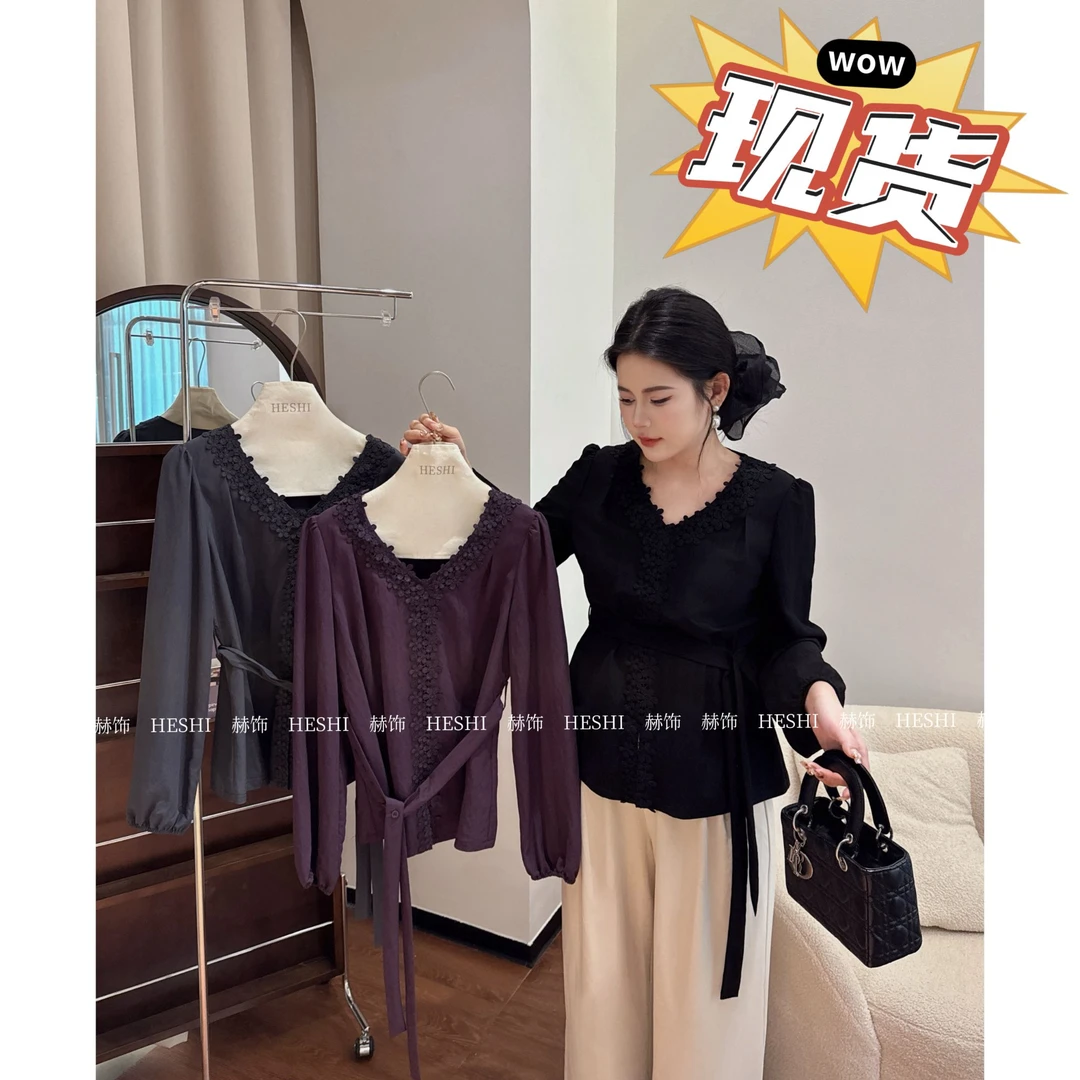 今晚发【嘎嘎】胖MM新款2025秋季大码遮肉显瘦优雅气质上衣08003D