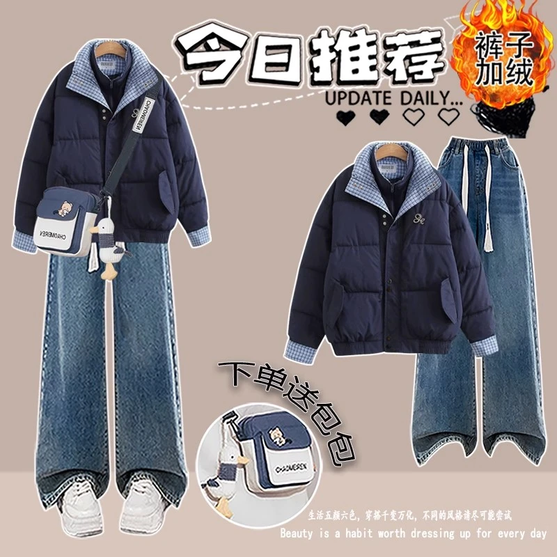 学院风加厚棉服少女2025冬季新款面包服初高中学生假两件棉衣外套