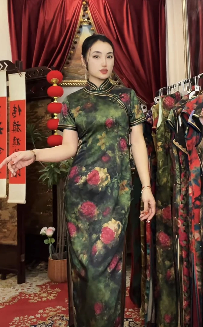 8729【碧玉玫香】双层长款日常时尚复古旗袍