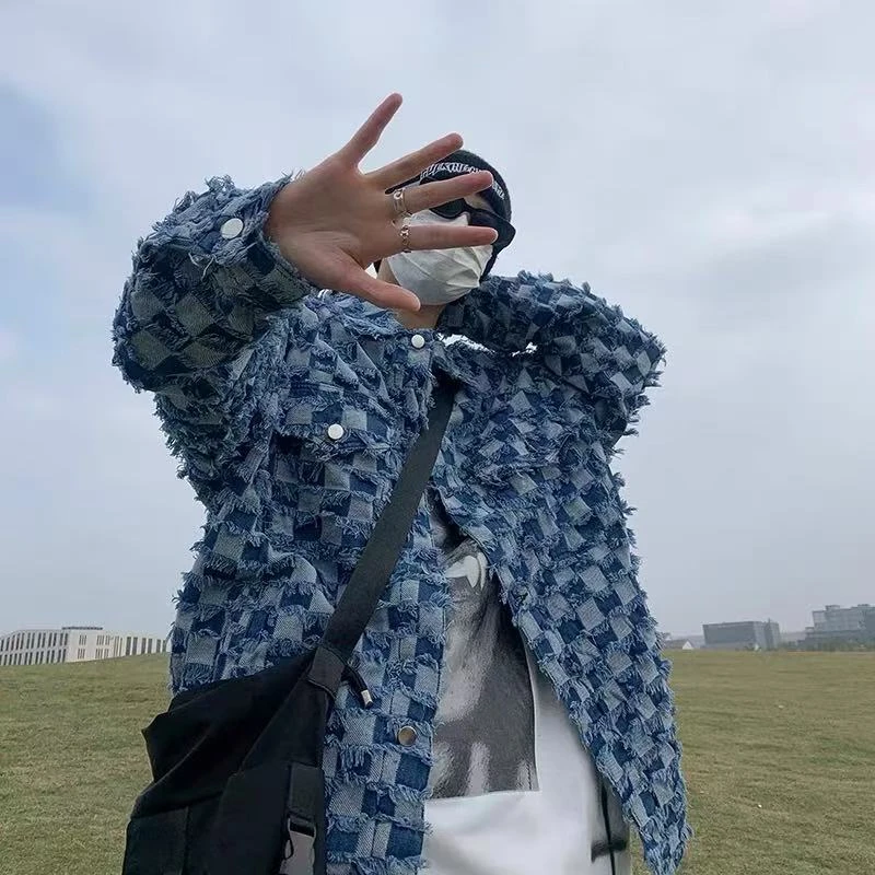 美式复古棋盘格牛仔外套男女潮牌宽松休闲痞帅长袖毛边夹克衫情侣