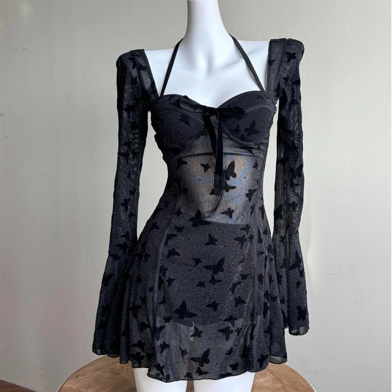 黑色蝴蝶细闪连体裙式游泳衣女长袖遮肉显瘦透视性感小胸聚拢温泉