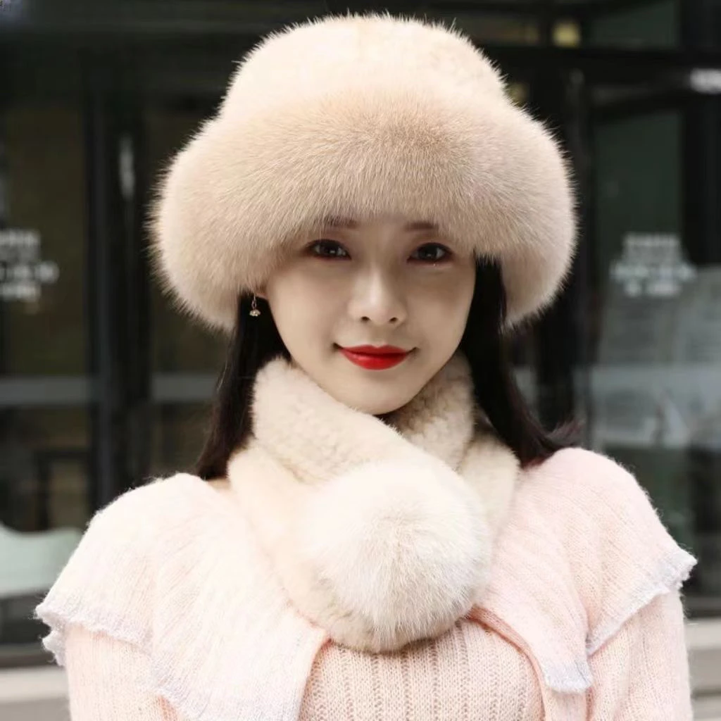 水貂皮草冬季帽子女加厚妈妈款蒙古帽围巾帽子套装盆帽洋气渔夫帽