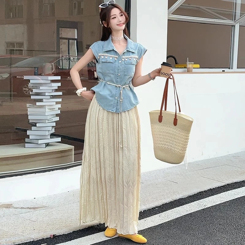 时尚无袖牛仔外套中长裙两件套女士2025夏季新款洋气质显瘦套装裙