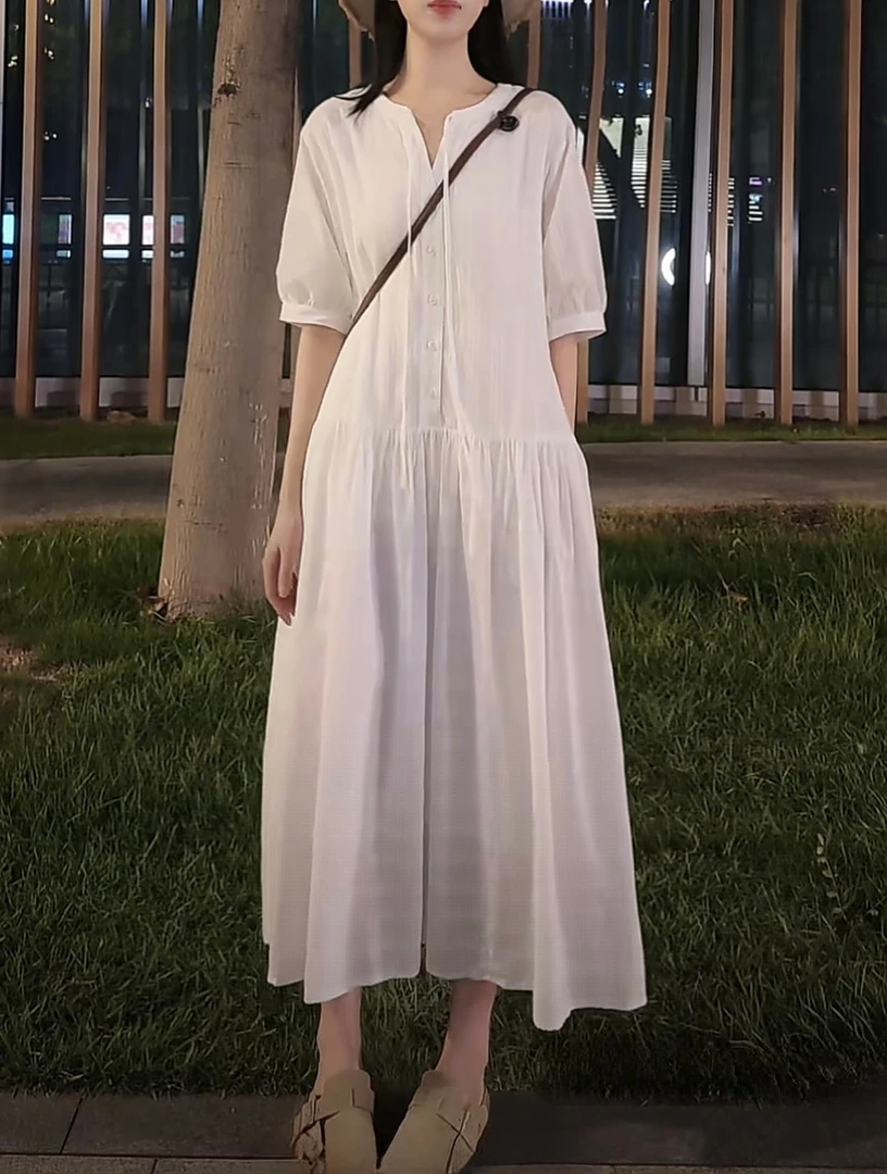 夏季短袖V领长裙宽松腰时尚有弹性V领长款气质森系斜肩甜美连衣裙