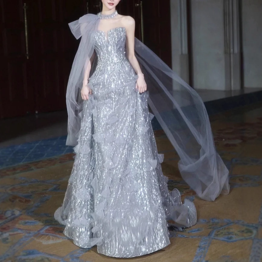 宴会晚礼服2025新款轻奢重工银色亮片主持人演出服生日成人礼礼服