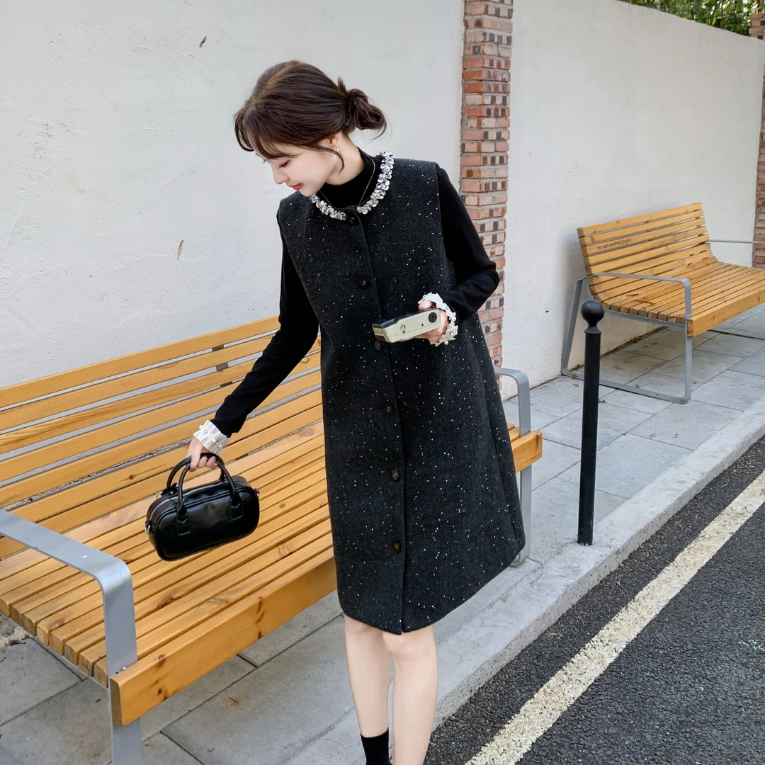 灰色小香风亮片毛呢连衣裙套装女早春气质名媛高级感背心裙两件套