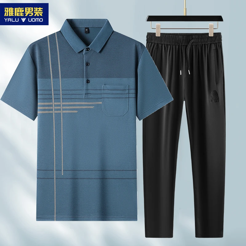 【两件套】爸爸夏季套装中年男士薄款两件套休闲短袖T恤中老年衣服