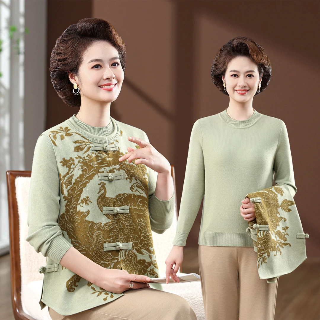 洋气妈妈装两件套秋冬款毛衣针织衫国风马甲外套中老年奶奶衣服女