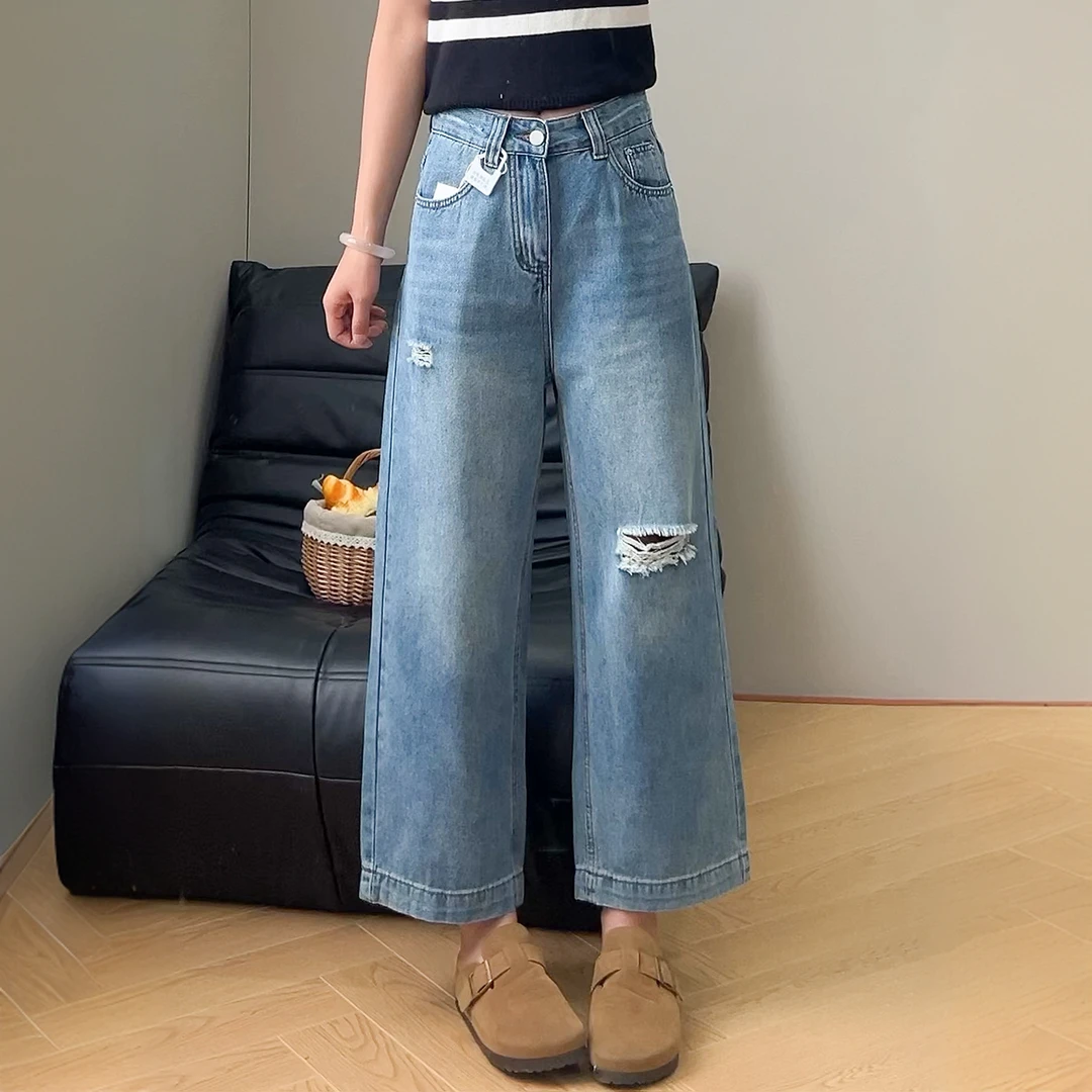 夏季破洞薄款牛仔裤女微胖MM大码梨型身材高腰显瘦九分裤洋气