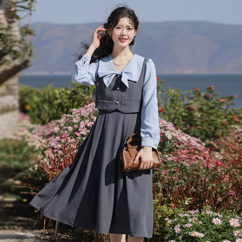 【正】慕兔韩系学院风假三件衬衫2024秋季马甲长裙套装一体式套装