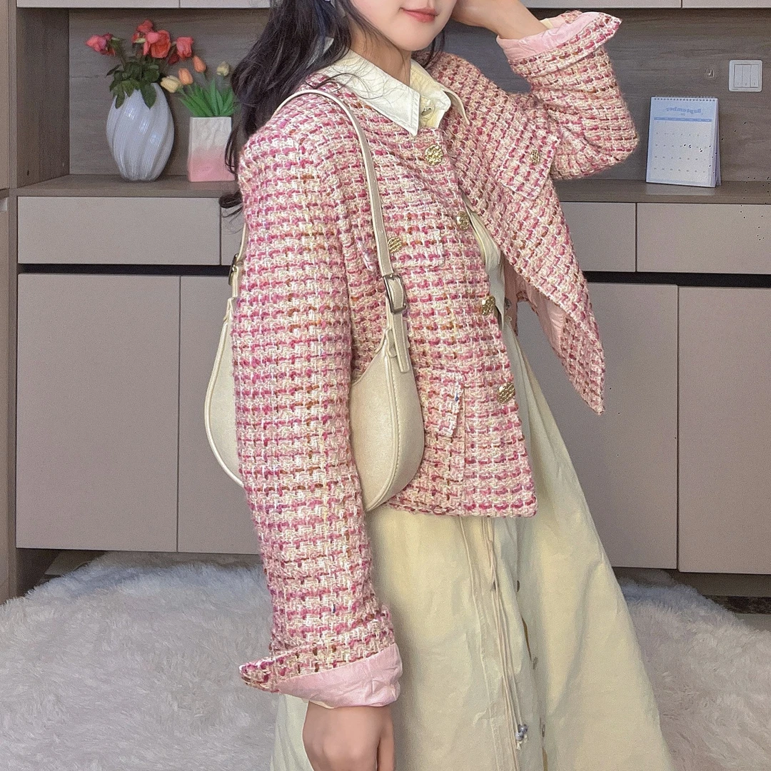 春季新款韩系小香风时尚百修身编织外套千鸟格气质短款上衣女