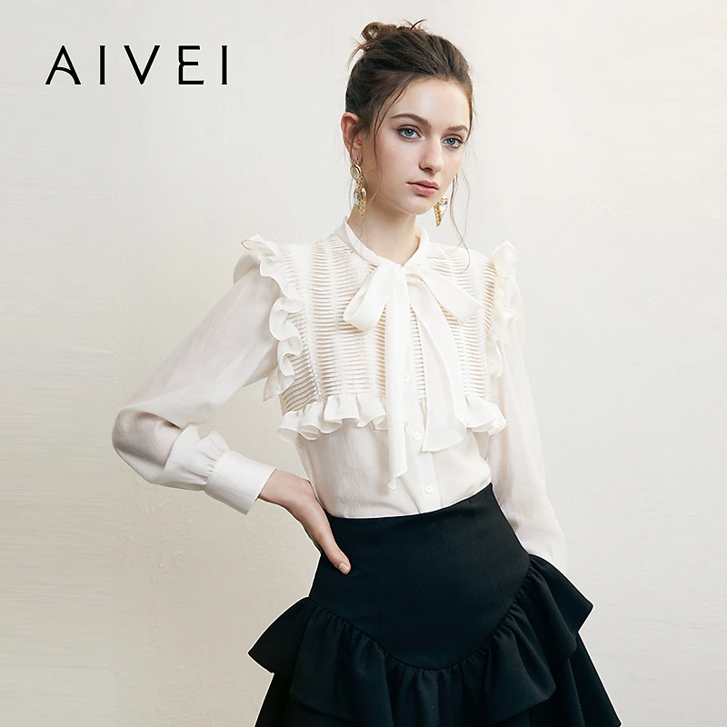 AIVEI欣贺艾薇冬季新浪漫通勤淑女风琴褶长袖雪纺衬衫R760202A