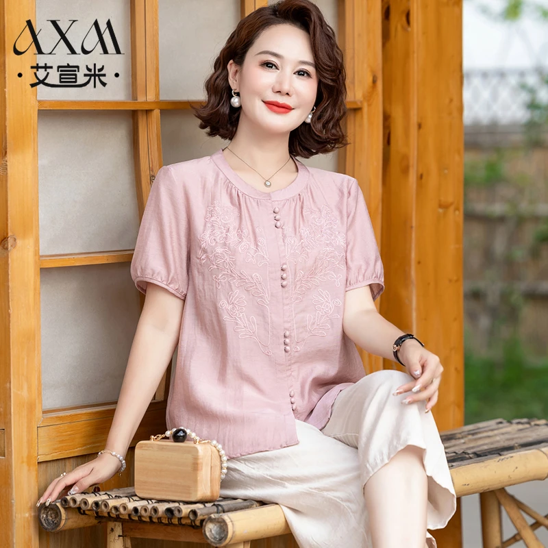 洋气妈妈夏装短袖小衫时尚减龄中老年女士夏季衬衫江河