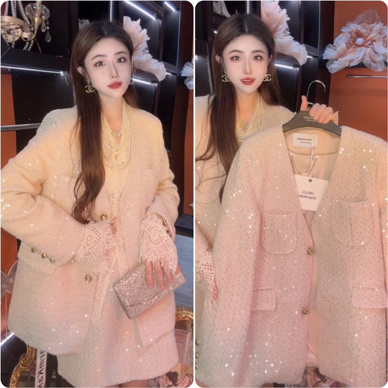 【卢浮宫馆】61974珠片编织两粒扣V领外套大码胖MM