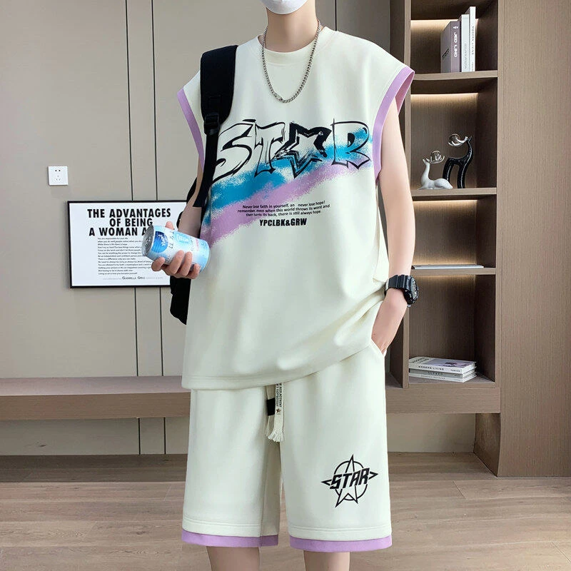 青少年男孩夏季薄款背心潮流短裤运动套装无袖两件套宽松男士学生