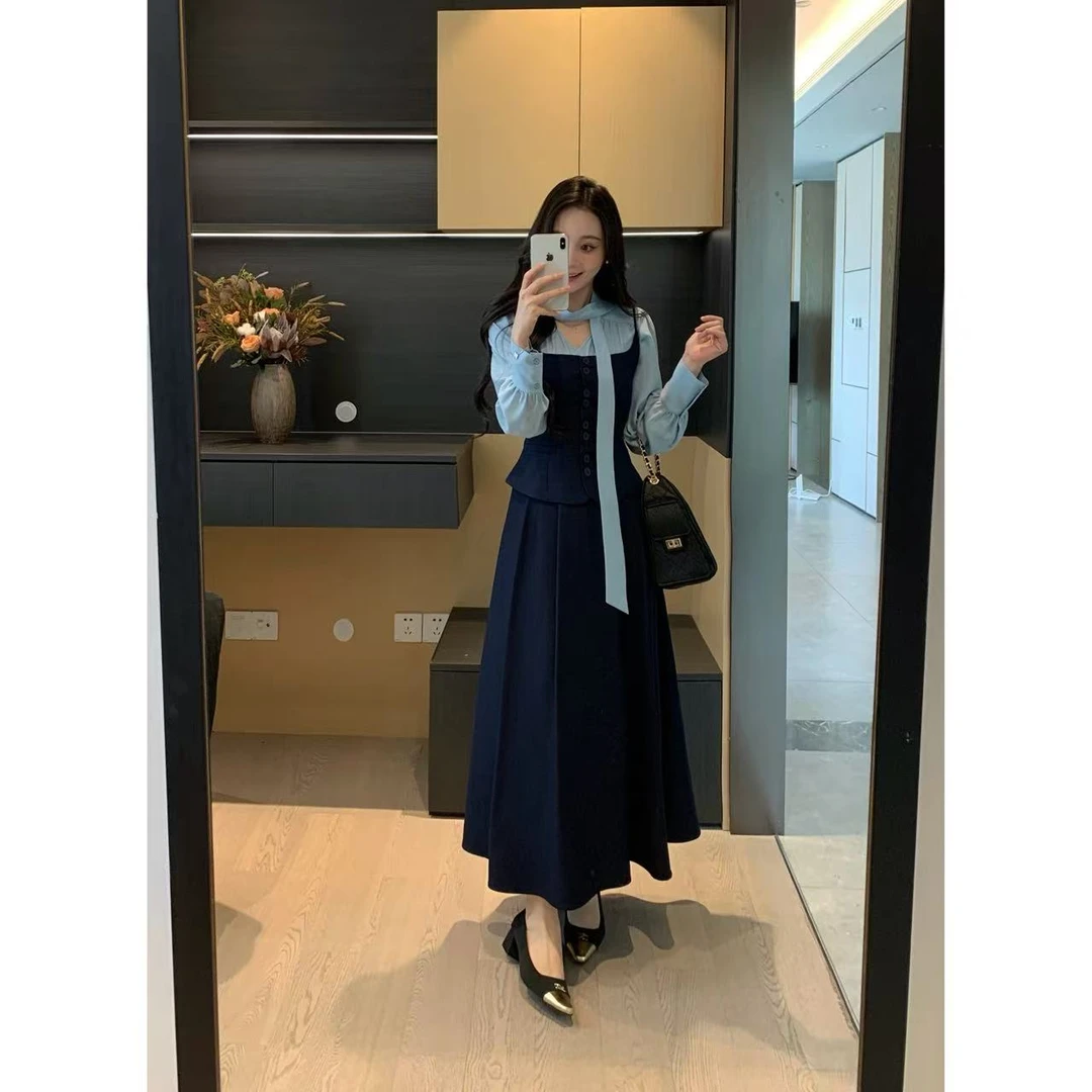 XINYI【早秋序曲】秋季醋酸衬衫+吊带+西装长半裙套装X625A13054