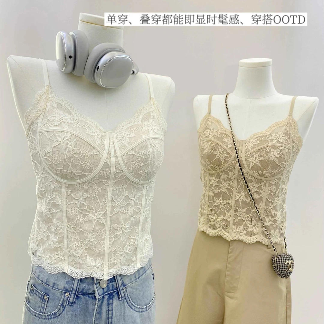 6100法式独特新款显瘦蕾丝吊带背心女内搭外穿带胸垫