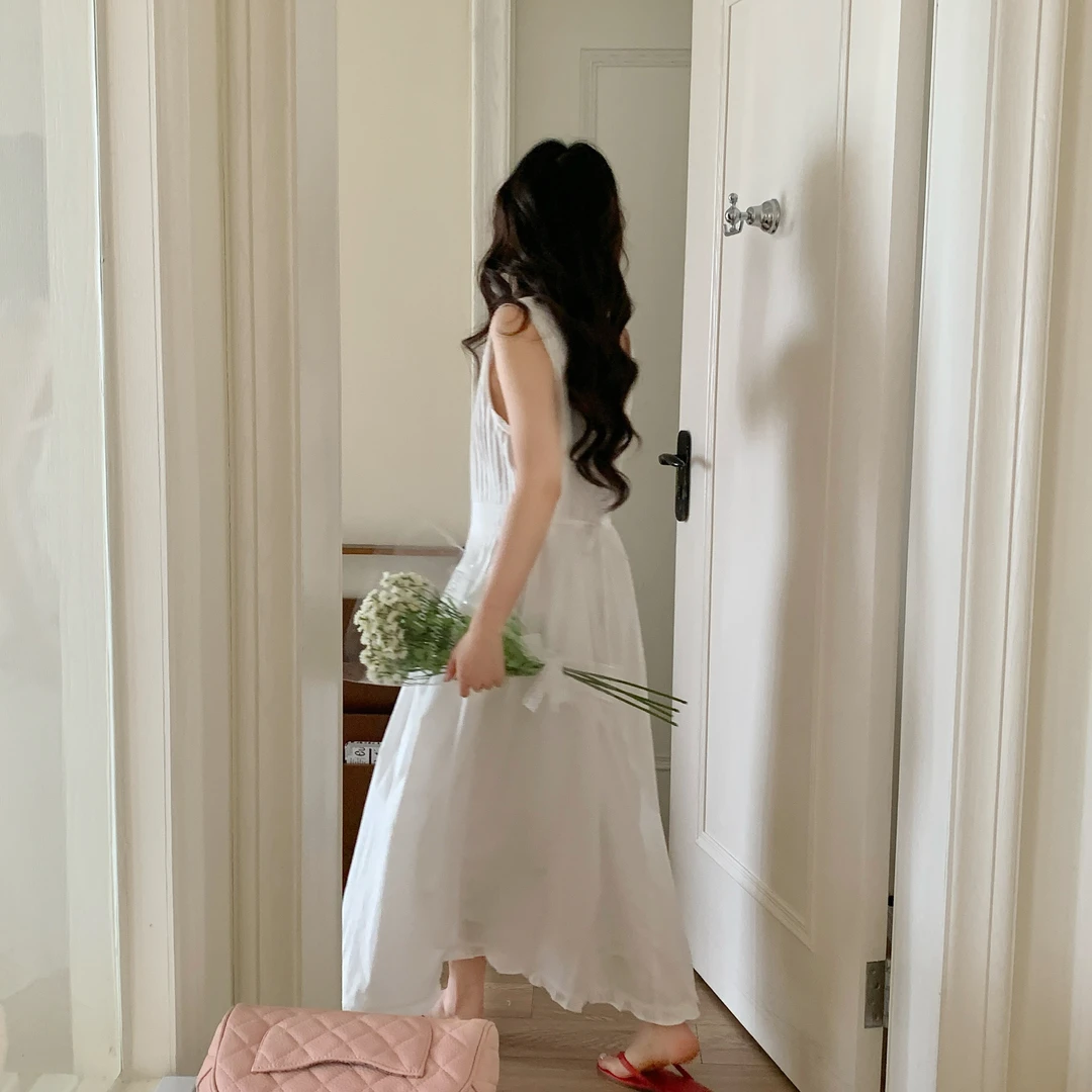 法式高级感蕾丝花边无袖背心连衣裙女单排扣显瘦