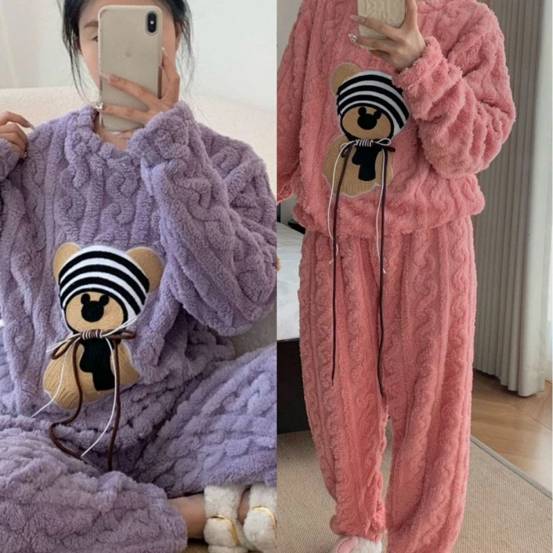 秋冬季小个子珊瑚绒加绒加厚睡衣套头长袖保暖家居服情侣可外穿