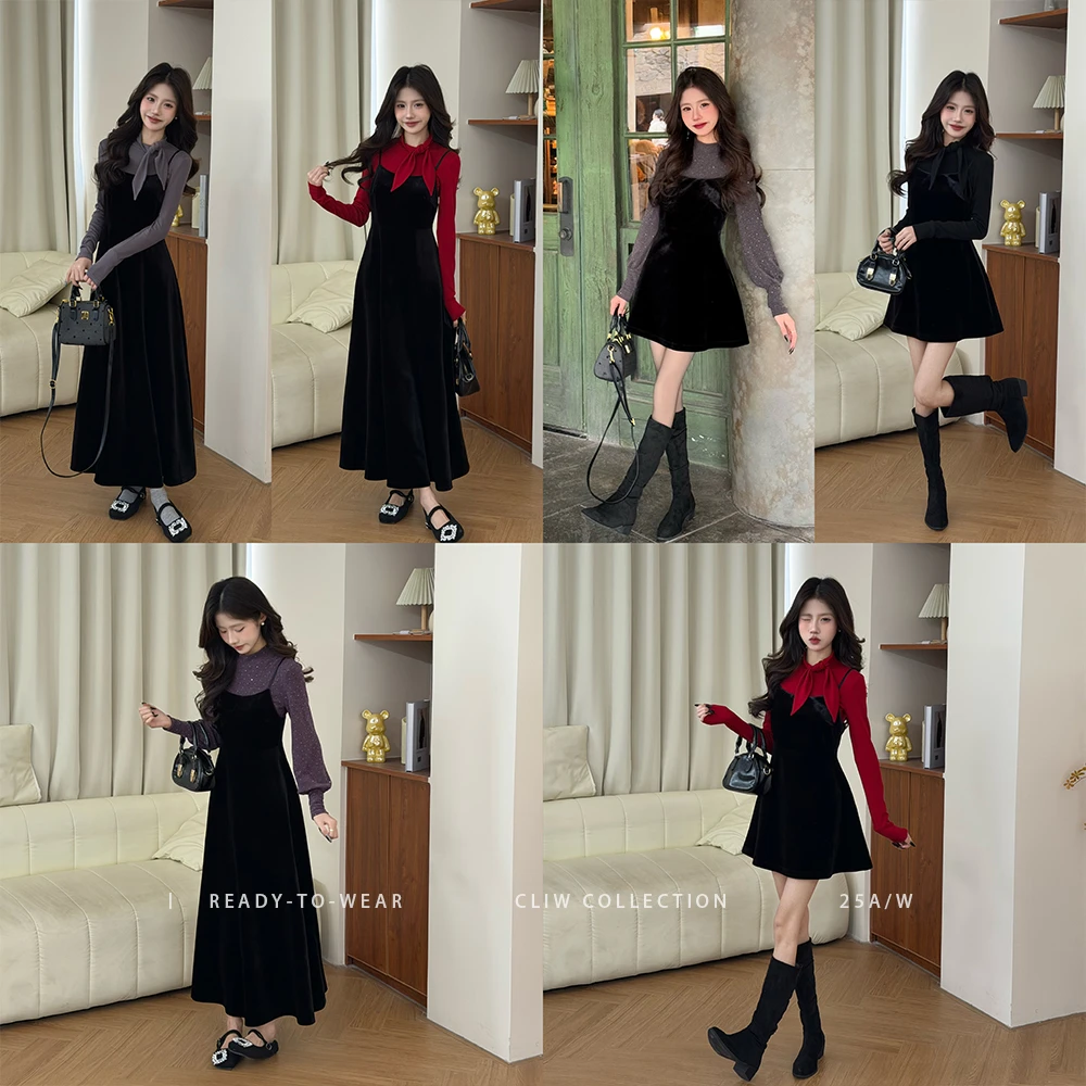 菜菜【墨绒缎影】小个子冬季气质收腰短裙显瘦显高丝绒吊带连衣长裙