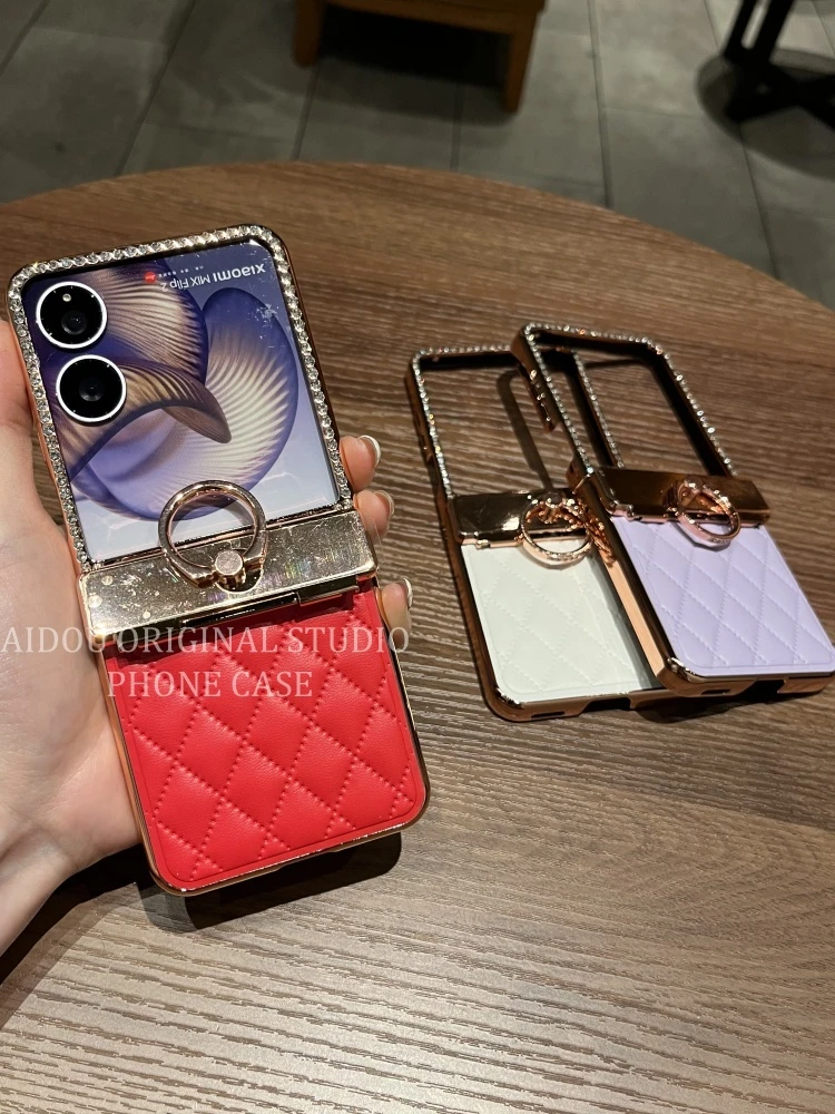 适用小米mixflip2手机壳新款折叠屏钻框菱格指环扣mixflip全包