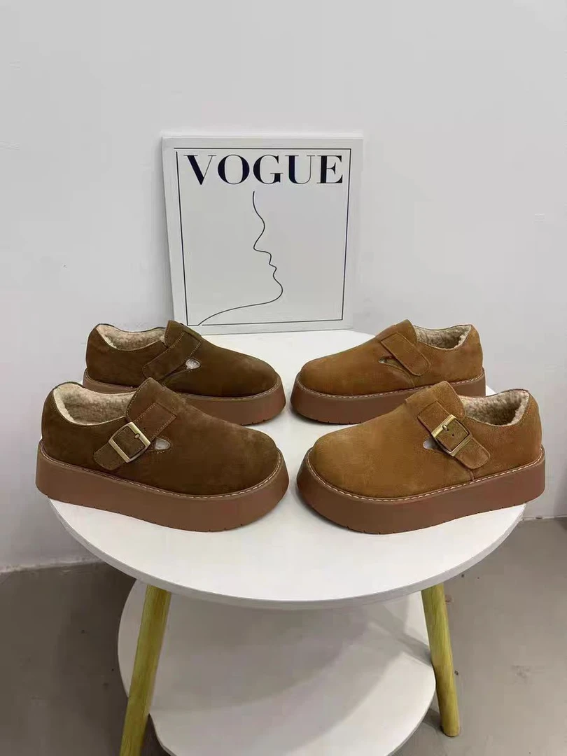 真皮加绒勃肯鞋女2024冬季新款厚底一脚蹬毛毛鞋保暖26-988