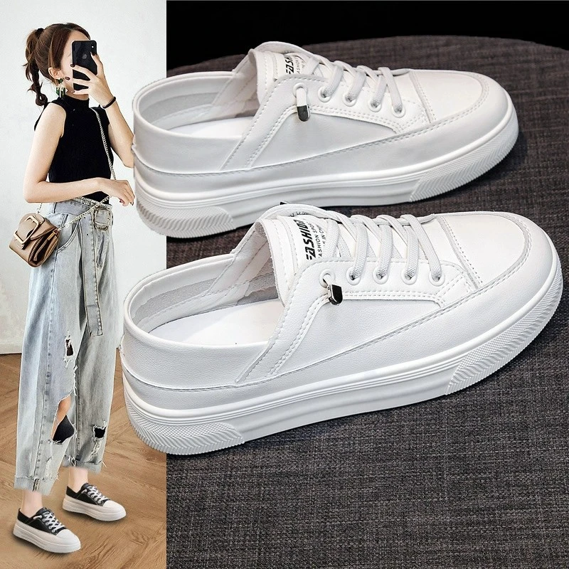 Moleubak小白鞋女百搭一脚蹬春秋平厚底2025新款爆单两穿懒人板鞋