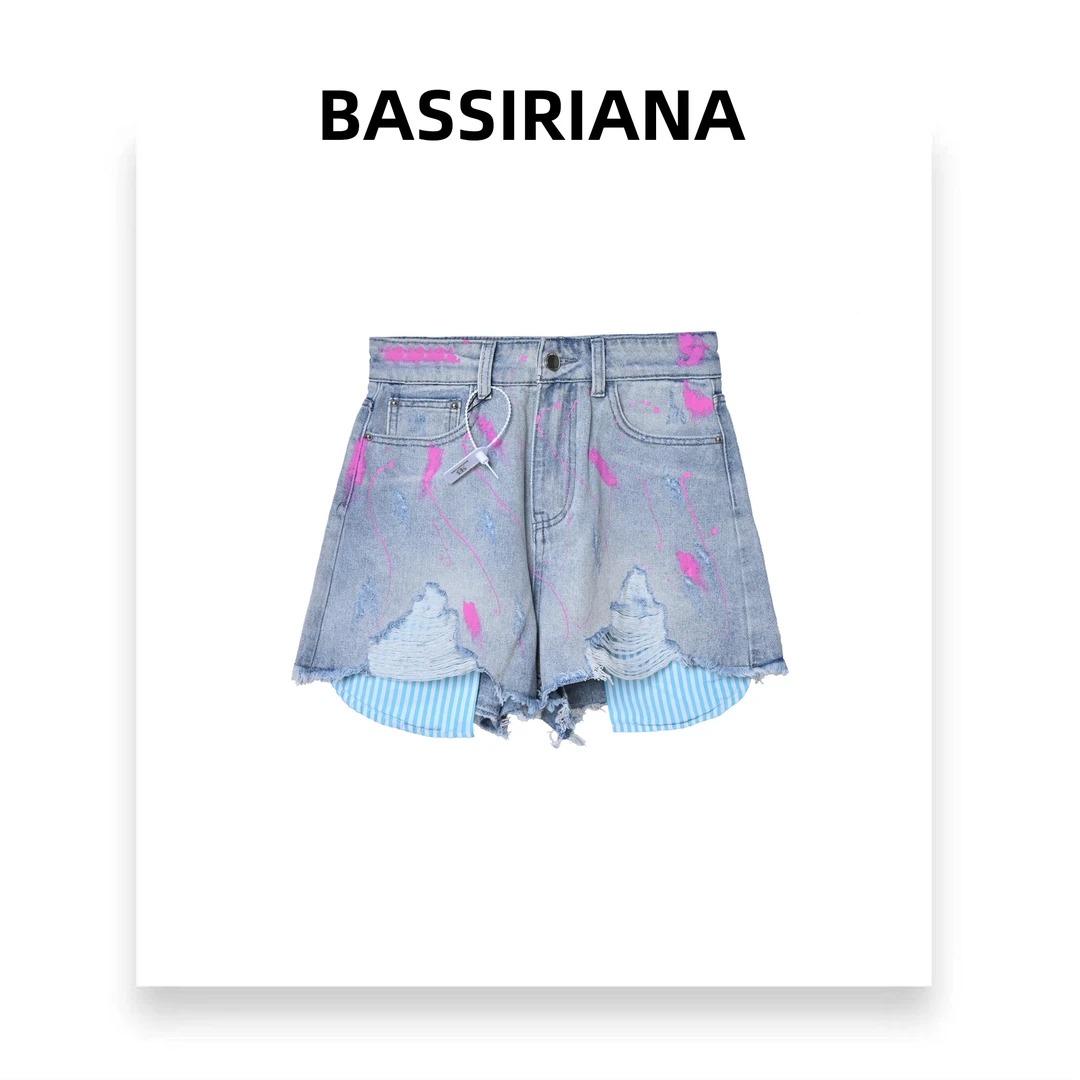 【UKKUSTUDIO】雨染茉莉-时尚潮流宽松毛边休闲修身牛仔短裤210514