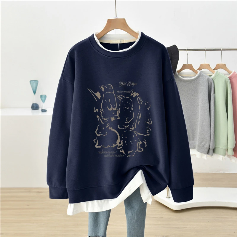 2025秋季新款宽松假两件卫衣女美式复古胖mm显瘦百搭大码外套上衣