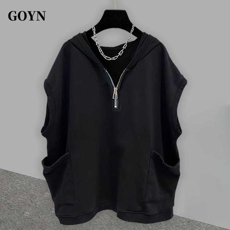 GOYN夏男士纯色连帽无袖T恤韩版拉链大口袋休闲宽松坎肩背心马甲