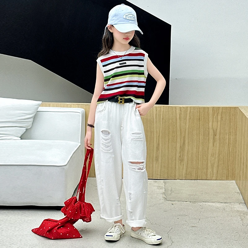 女童夏季裤子薄款牛仔裤2025新款洋气破洞时髦宽松女大童炸街裤子