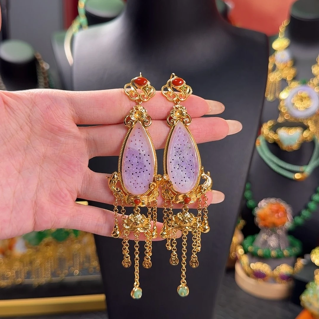 翡翠银S925镀金镶嵌颈饰耳坠