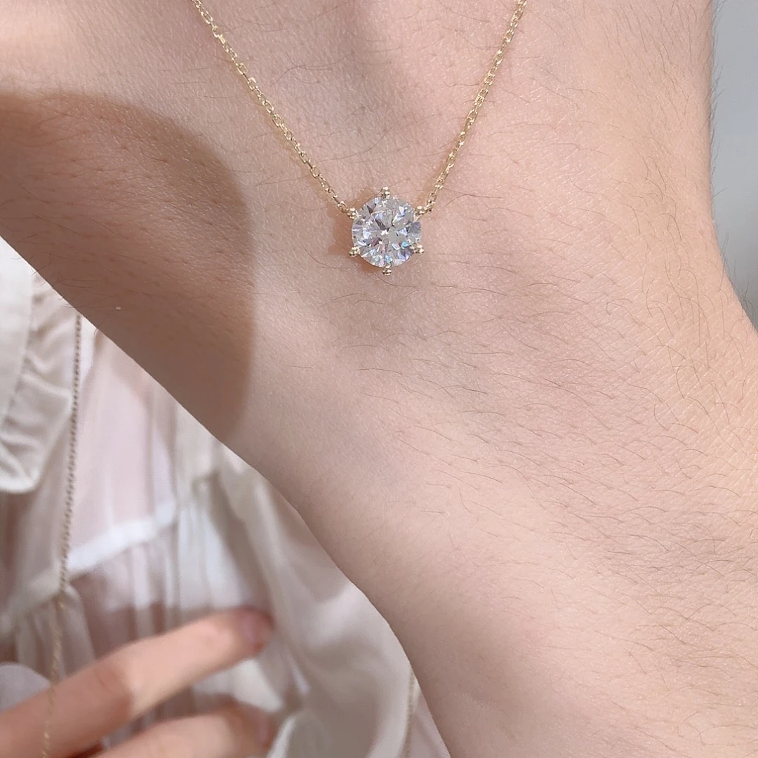 18K金镶嵌颈饰实验室培育钻石六爪项链1克拉k黄