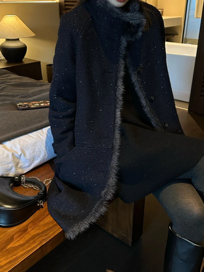 C113530F【羊毛+白鹅绒】带细闪的秋冬毛呢外套老钱风气质宽松型