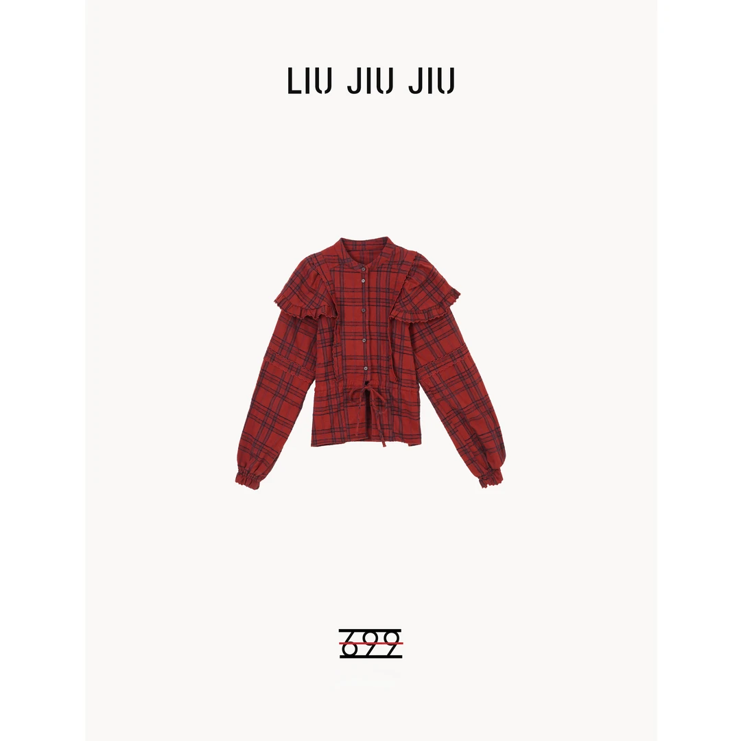 LIUJIUJIU 法式小众独特抽绳格纹拼接设计感时尚新年衬衫SY3168L