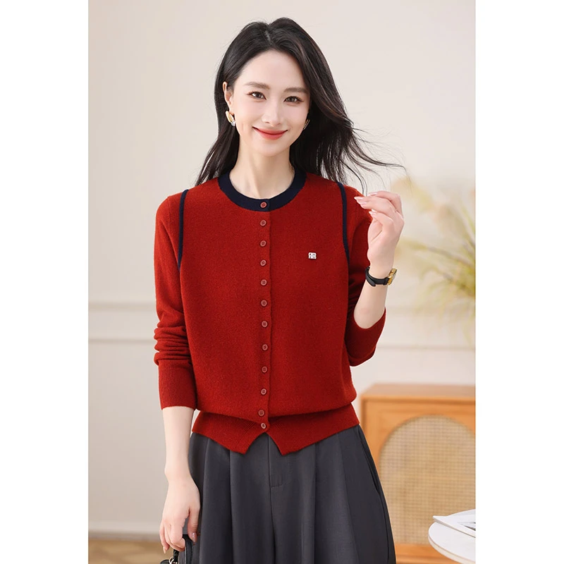 【香嘉怡新品】XJYE71246女士上衣100绵羊毛圆领开衫秋冬针织衫