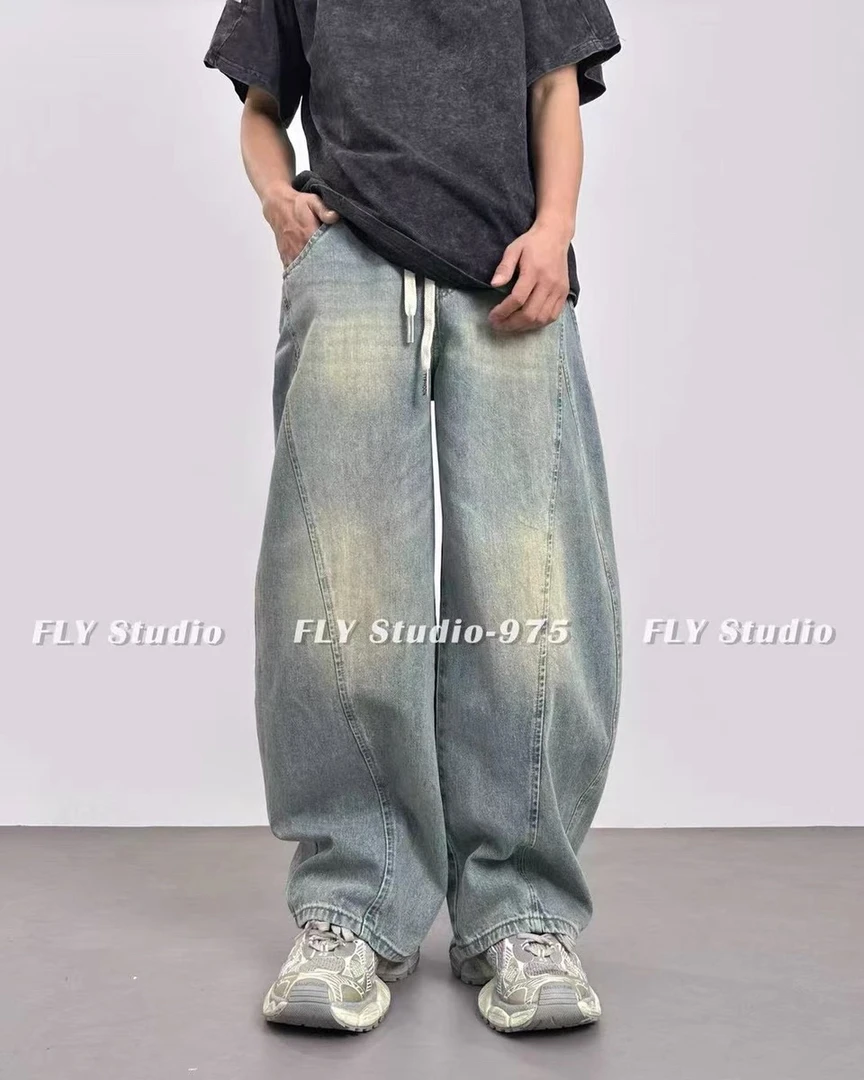 975男士休闲裤美式弯刀牛仔裤个性高弹拉链微弹力夏季新款阔腿裤