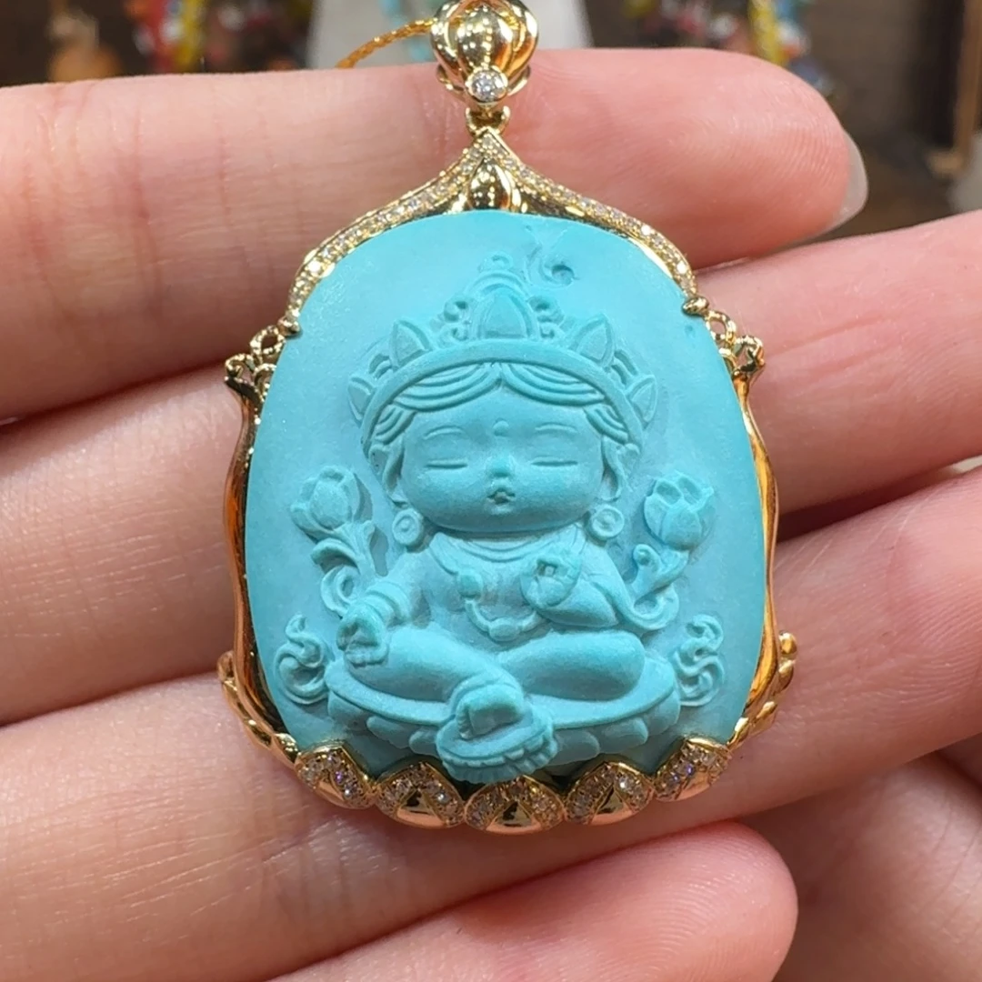 绿松石18K金镶嵌吊坠(不含链)度母