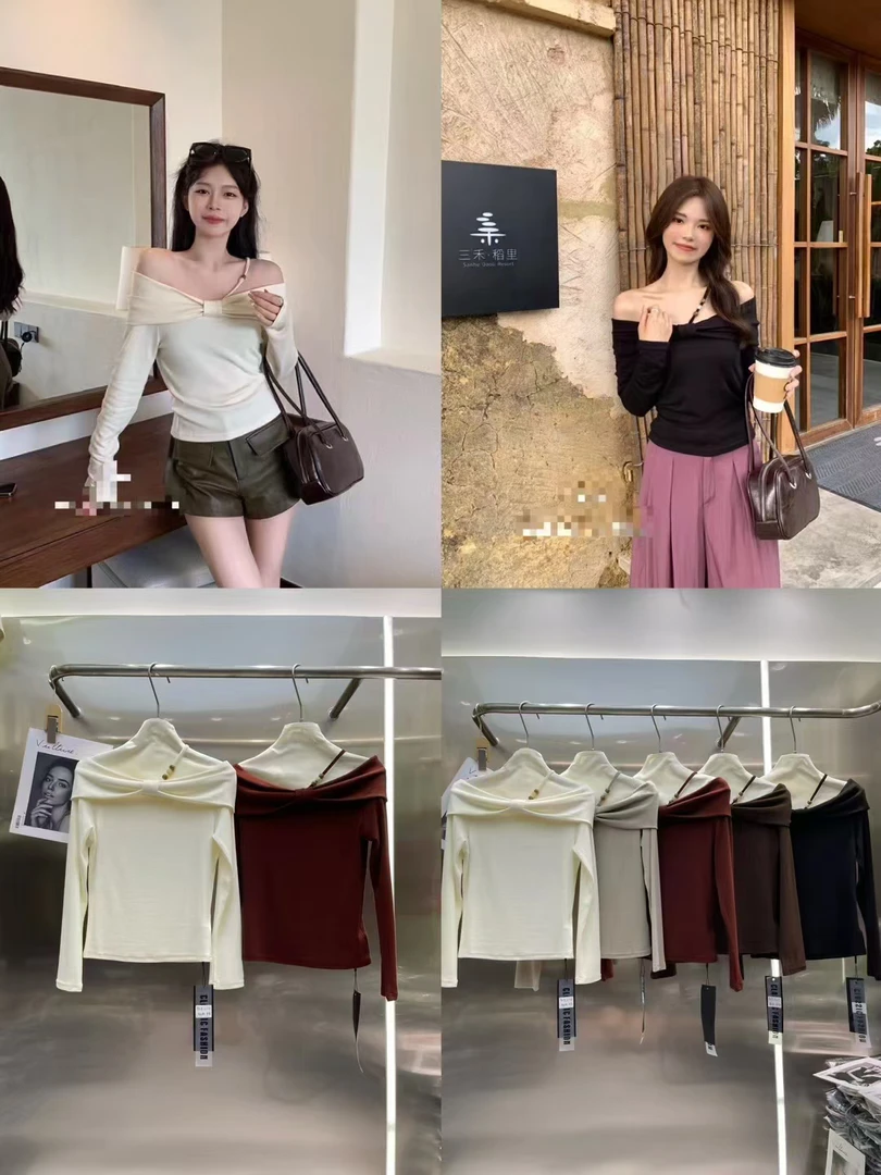 广州十三行高货独特上衣超好看一字肩长袖t恤打底衫女早春 6128